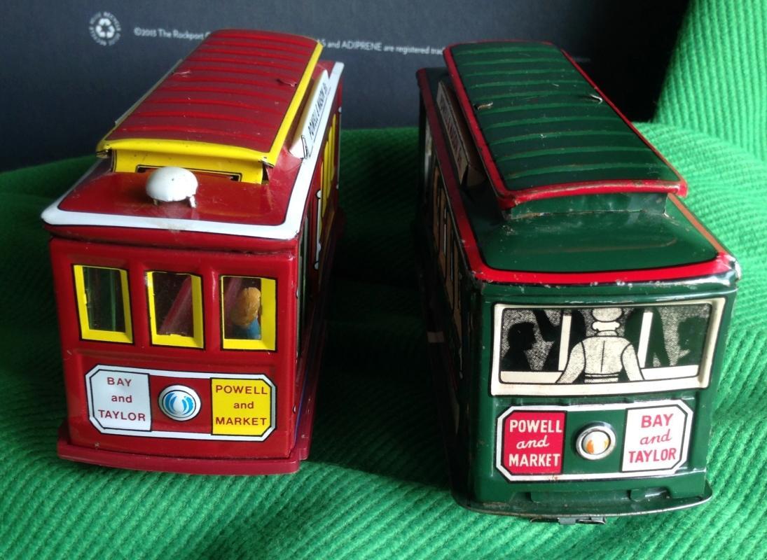 1950s PRESSED TIN metal FRICTION TOY CABLE CAR San Francisco #512 Japan AND vintage #28 Cable Car San Francisco