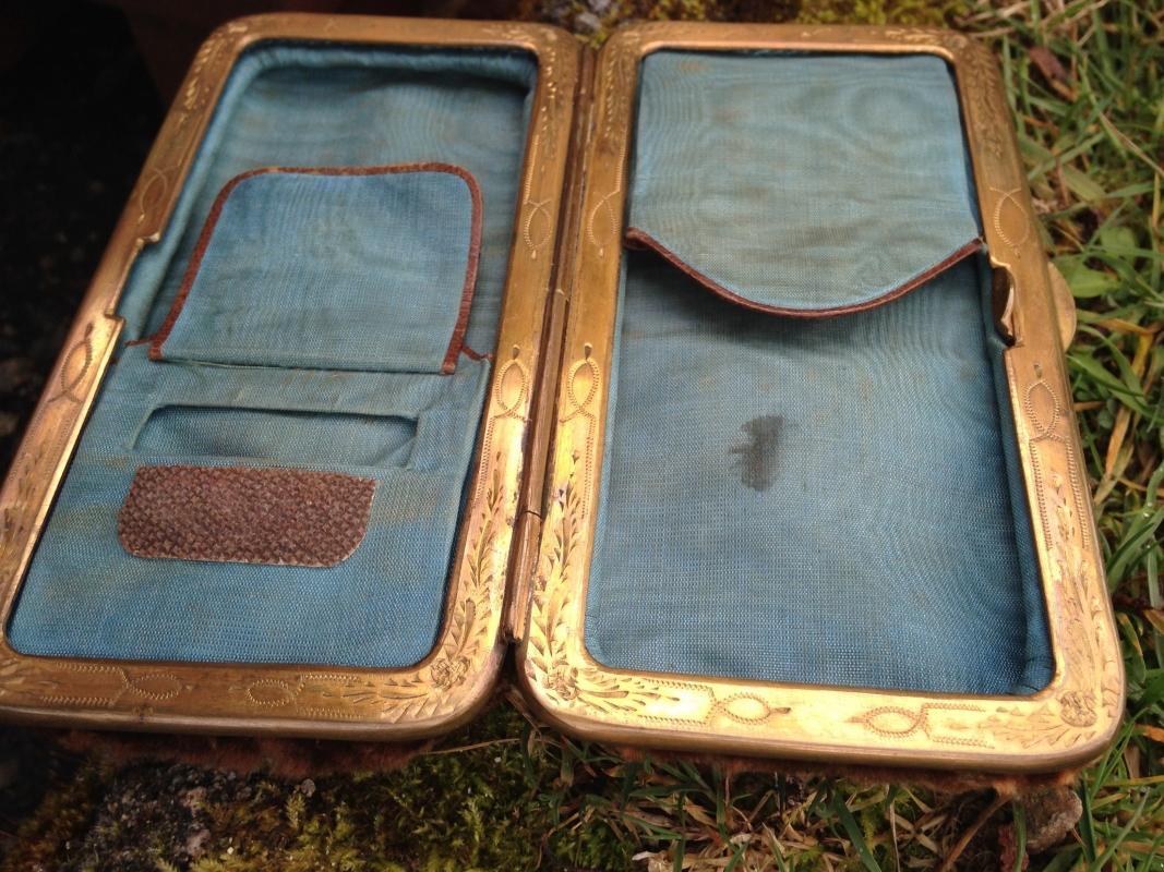 C1894 FUR Covered CIGAR CASE gatefold feature _ Clean inside_ WITH FLINT Strike in Excellent Condition. ORNATE Gold Gilt frame inside edge over Solid Brass metal_ Rare Find !