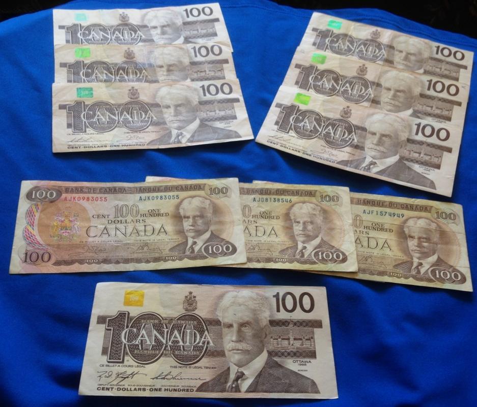 (3)1975 CANADA $100. Dollar Bills (7)1988 CANADA $100_ Circulated_ Prefix vary_ THIESSEN + CROW_ KNIGHT + THIESSEN_CROW+BOUEY