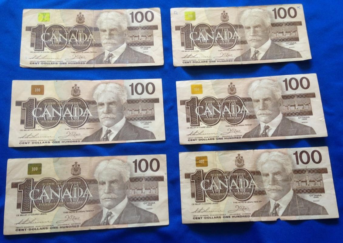(3)1975 CANADA $100. Dollar Bills (7)1988 CANADA $100_ Circulated_ Prefix vary_ THIESSEN + CROW_ KNIGHT + THIESSEN_CROW+BOUEY
