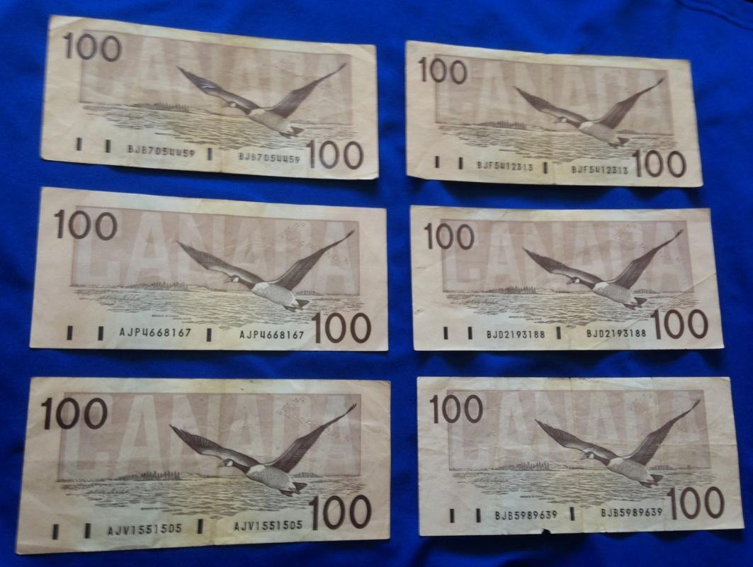 (3)1975 CANADA $100. Dollar Bills (7)1988 CANADA $100_ Circulated_ Prefix vary_ THIESSEN + CROW_ KNIGHT + THIESSEN_CROW+BOUEY