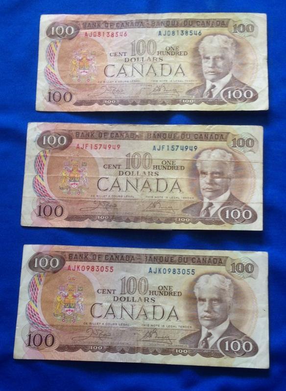 (3)1975 CANADA $100. Dollar Bills (7)1988 CANADA $100_ Circulated_ Prefix vary_ THIESSEN + CROW_ KNIGHT + THIESSEN_CROW+BOUEY