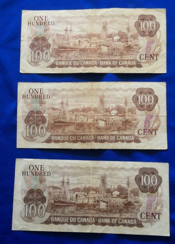 (3)1975 CANADA $100. Dollar Bills (7)1988 CANADA $100_ Circulated_ Prefix vary_ THIESSEN + CROW_ KNIGHT + THIESSEN_CROW+BOUEY