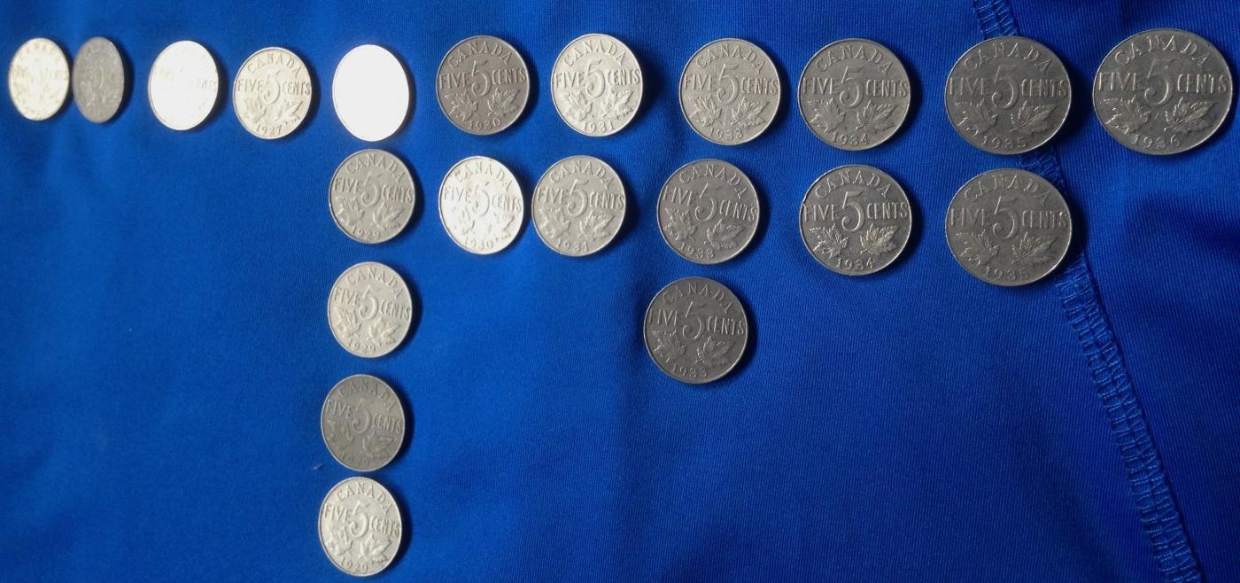 1923 - 1936 AU CANADA NICKEL 5 CENT COIN CANADIAN _LOT of 21 100% PURE NICKEL COINS_ from ESTATE COLLECTION
