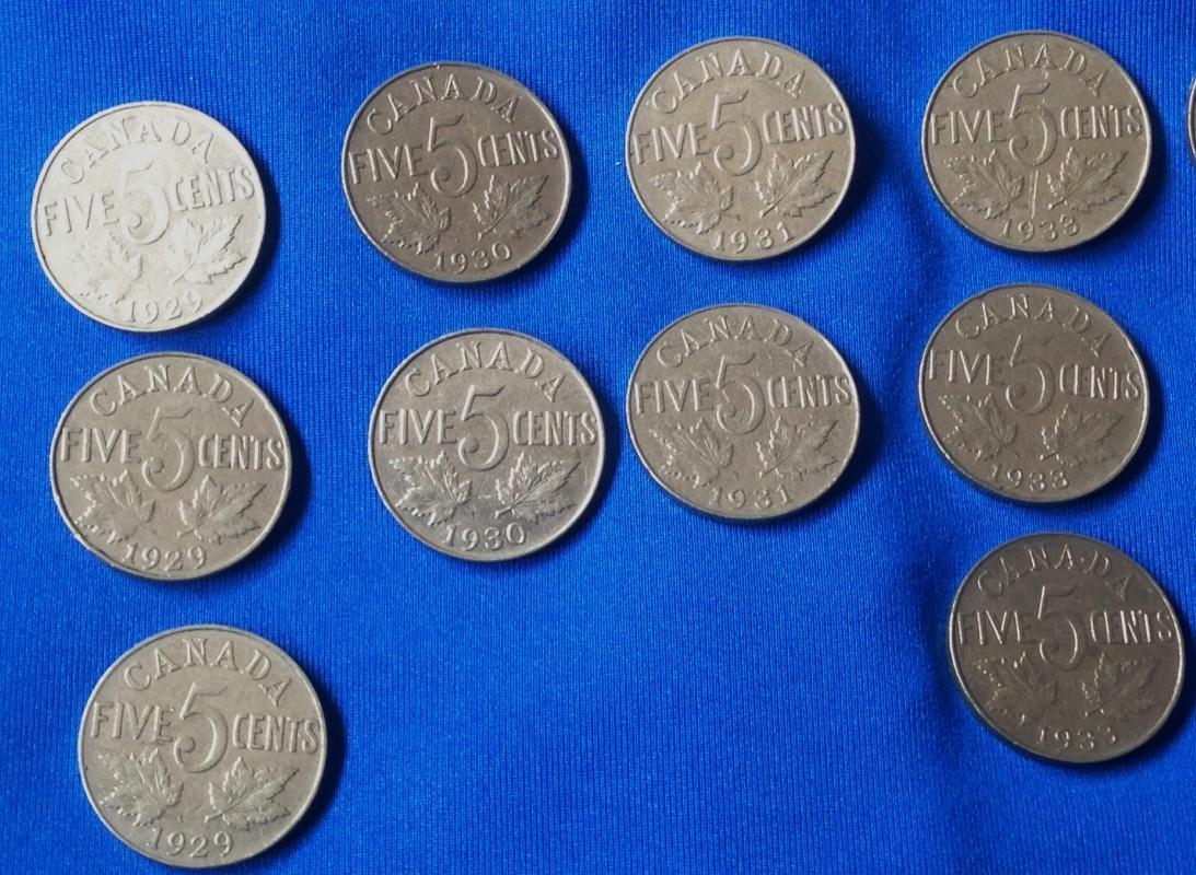 1923 - 1936 AU CANADA NICKEL 5 CENT COIN CANADIAN _LOT of 21 100% PURE NICKEL COINS_ from ESTATE COLLECTION