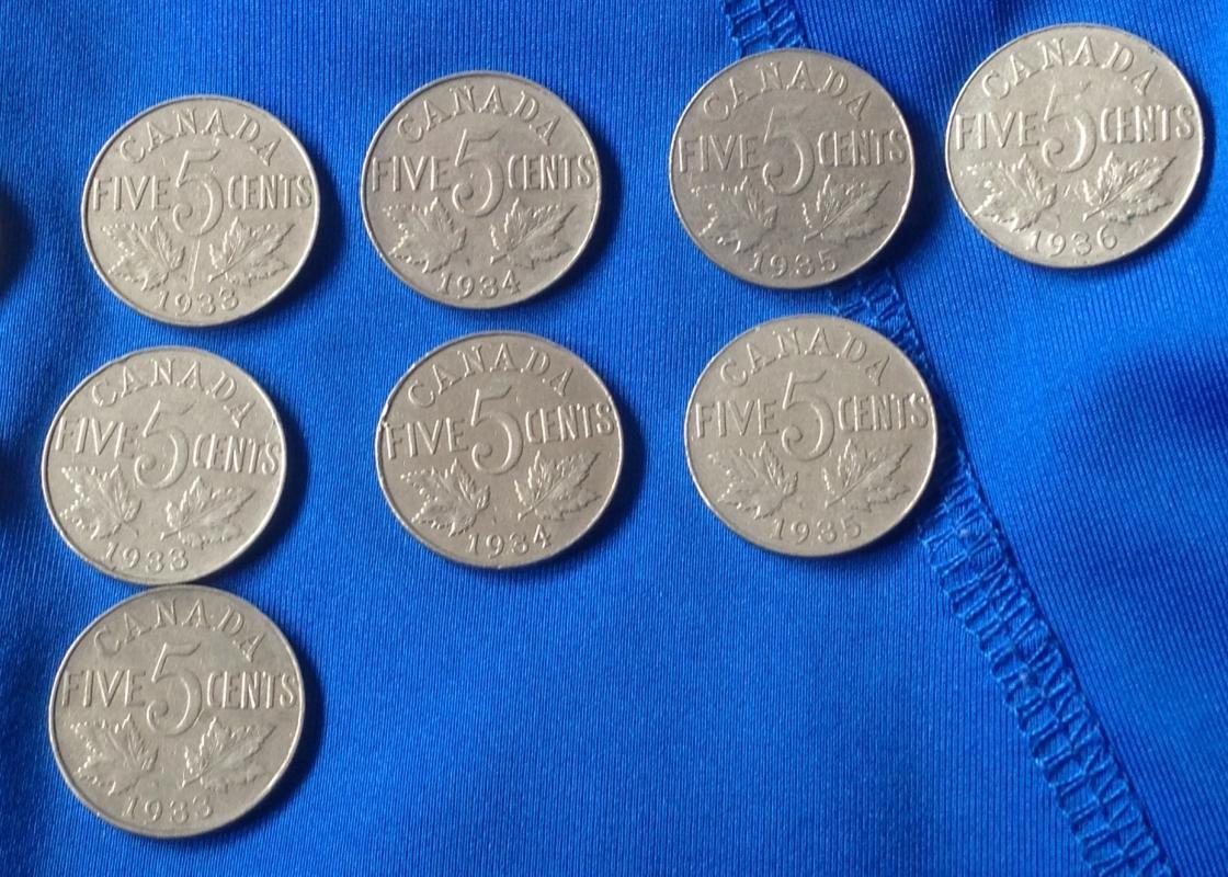 1923 - 1936 AU CANADA NICKEL 5 CENT COIN CANADIAN _LOT of 21 100% PURE NICKEL COINS_ from ESTATE COLLECTION