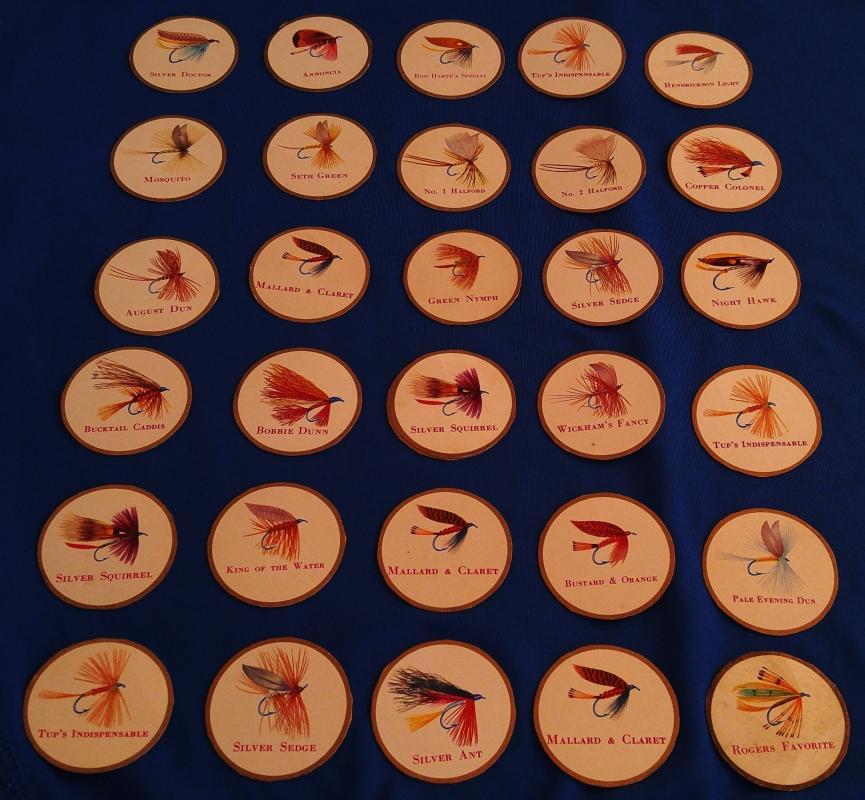 RARE FIND ! 1950's 60's _43 pcs LOT SPORTSMAN CIGARETTE flies Fly Fishing _off cig panels. Mount in your choice of Picture Frame. Great Fishing Decor