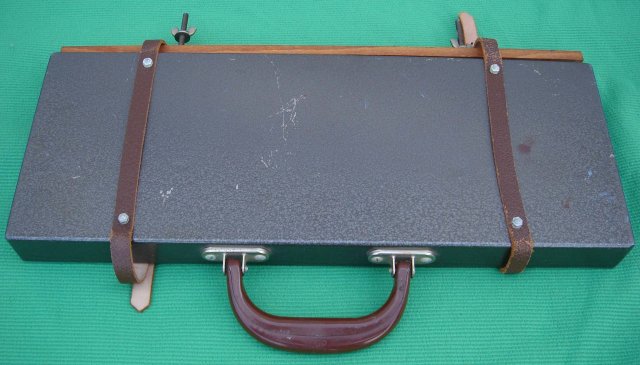 Vintage ARTIST TOOL BOX 16 Inches Wide /Pallet /Easel. Very Strong Steel Box / BAKELITE HANDLE / Unusual Find Sturdy Construction Solid Mahogany Pallet