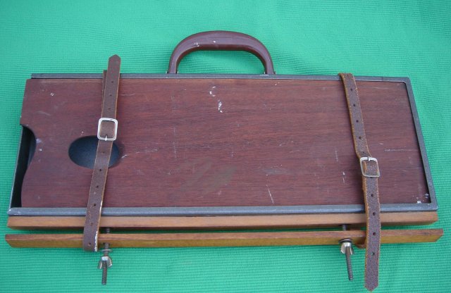 Vintage ARTIST TOOL BOX 16 Inches Wide /Pallet /Easel. Very Strong Steel Box / BAKELITE HANDLE / Unusual Find Sturdy Construction Solid Mahogany Pallet