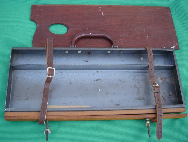 Vintage ARTIST TOOL BOX 16 Inches Wide /Pallet /Easel. Very Strong Steel Box / BAKELITE HANDLE / Unusual Find Sturdy Construction Solid Mahogany Pallet