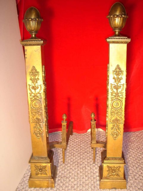 Antique__ LARGE 30 INCHES TALL__ ~~~ SOLID BRASS Ornate Andirons __BRITISH COLUMBIA , CANADA __Nanaimo Heritage Home Excellent Condition_NO SALES TAXES