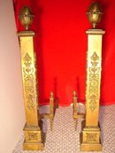 Antique__ LARGE 30 INCHES TALL__ ~~~ SOLID BRASS Ornate Andirons __BRITISH COLUMBIA , CANADA __Nanaimo Heritage Home Excellent Condition_NO SALES TAXES