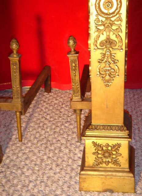 Antique__ LARGE 30 INCHES TALL__ ~~~ SOLID BRASS Ornate Andirons __BRITISH COLUMBIA , CANADA __Nanaimo Heritage Home Excellent Condition_NO SALES TAXES
