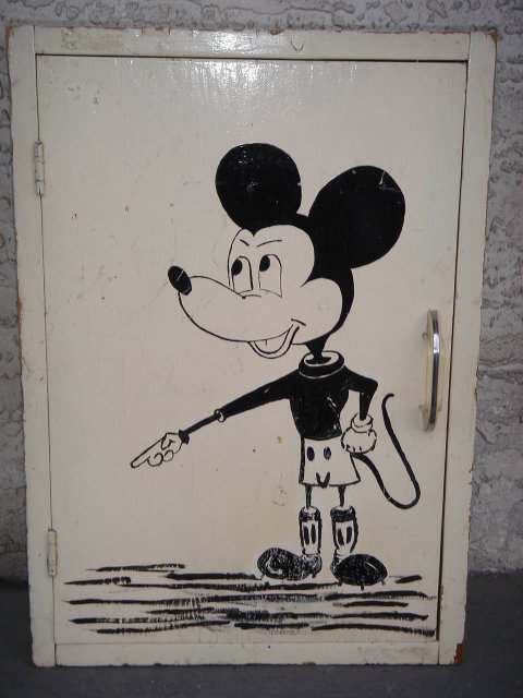 OLD MICKEY MOUSE CABINET Early 40's Old Country Bathroom Cabinet Hand Painted Artwork MICKEY MOUSE Solid Wood Folk Art