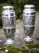 Automobile Cars_Angel ICONOGRAPHY _ ART DECO Chrome URNS / BUD VASES / Funeral Home Vases _ Chrome over Solid Brass _ORNATE Grecian Nymph / Angels DESIGN. Most Unusual.