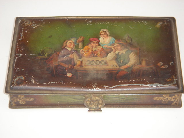 CIGAR BOX HUMIDOR TINWARE Metal footed model Country Tavern Scene with Latch to lock 1930's era