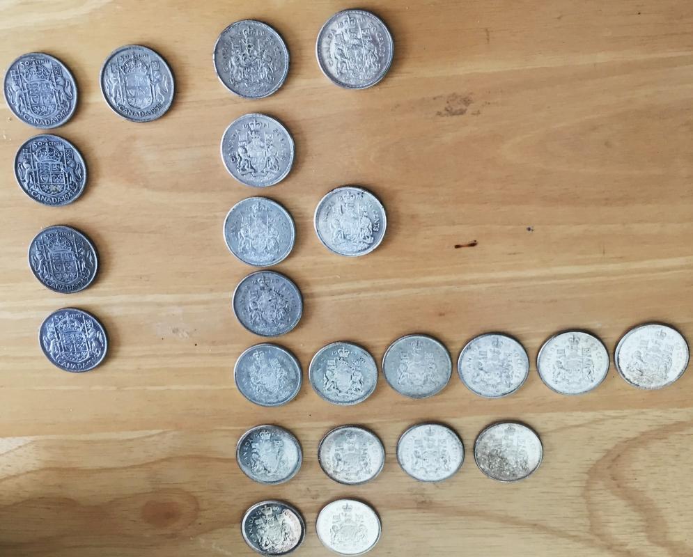 80% SOLID SILVER _ Lot of 23 CANADA half dollars _50 Cent pieces_ Condition FINE to Extra Fine_ YEARS 1942- 1966_ mixed_ First Time on Market