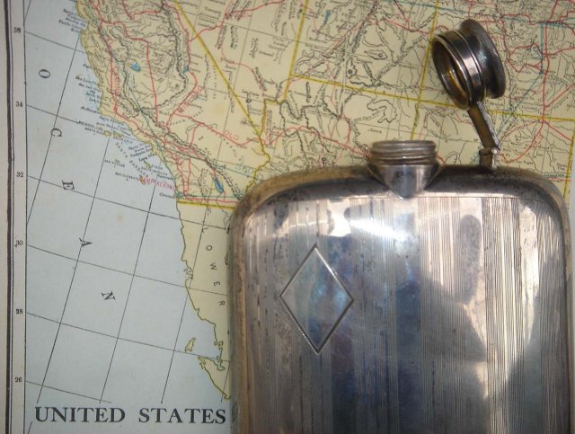 GIFT FOR THE MAN...Art Deco_. Massive STERLING SILVER PICNIC FLASK _ 298 GRAMS _ Made in the USA by EAM In Beautiful Condition . Clean Inside with Good Cork inset in Cap. 30's Era