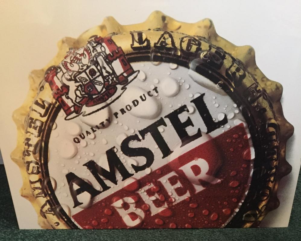 Hard to Find vintage AMSTEL Beer Cap Sign Note: image of beer cap with droplets of water is the Very Hard to Find image plus with slogan during era _Metal SIGN : AMSTEL LAGER __Mancave artifact _ 23