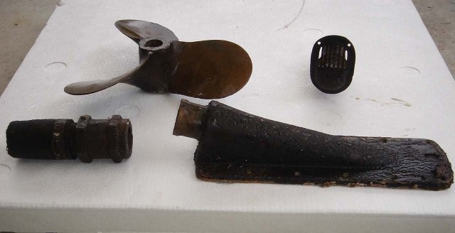 Nautical Antique Ship's Three Blade SOLID BRASS PROPELLER with Solid Brass Parts. Wedge Shaped Bracket STAMPED