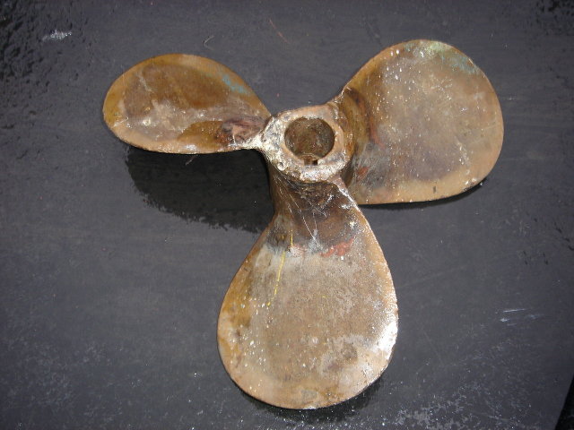 Nautical Antique Ship's Three Blade SOLID BRASS PROPELLER with Solid Brass Parts. Wedge Shaped Bracket STAMPED