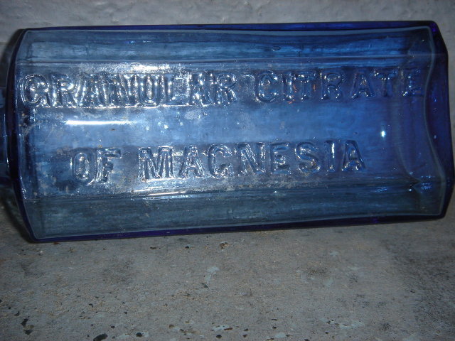 HISTORICAL COBALT BLUE Glass Bottle READS : GRANULAR CITRATE OF MAGNESIA ~ Crystal Light Blue. Beauty. Excellent Condition Carefully Hand Dug from Old City Dump Site