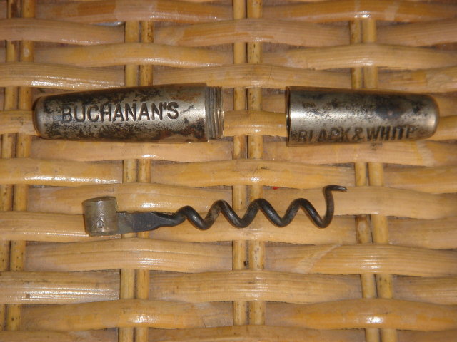 Antique Circa 1880's BUCHANAN'S BLACK & WHITE TRAVELLING CORKSCREW WITH ADVERTISING NAMES ~ BUCHANAN'S / BLACK & WHITE ___ROUNDLET_ Cork screw Cylinder unscrews + Iron Cork Screw FOLDS in slot