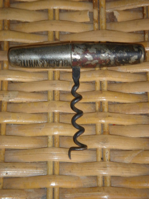Antique Circa 1880's BUCHANAN'S BLACK & WHITE TRAVELLING CORKSCREW WITH ADVERTISING NAMES ~ BUCHANAN'S / BLACK & WHITE ___ROUNDLET_ Cork screw Cylinder unscrews + Iron Cork Screw FOLDS in slot