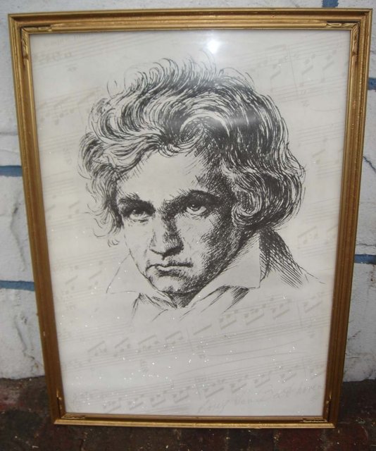 ART Music BEETHOVEN Large Old Print Solid Wood Gilt Frame and Glass Large size