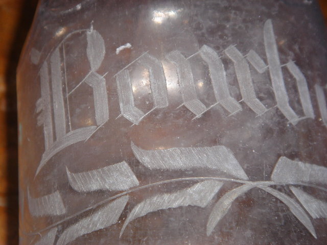 Antique Bourbon Bottle SIZE 10.5 Inches High ~ Acid Etched Scrolled Text ~ AMETHYST Color ~ GENUINE Original Carefully Hand Dug from Old City Dump British Columbia , Canada Historical Artifact