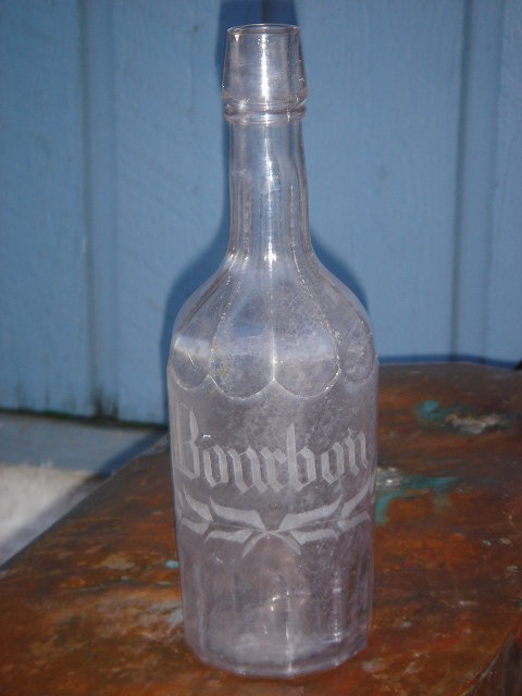 Antique Bourbon Bottle SIZE 10.5 Inches High ~ Acid Etched Scrolled Text ~ AMETHYST Color ~ GENUINE Original Carefully Hand Dug from Old City Dump British Columbia , Canada Historical Artifact
