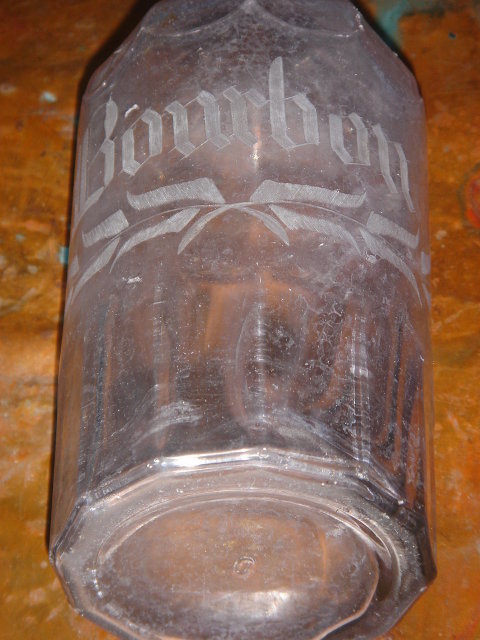 Antique Bourbon Bottle SIZE 10.5 Inches High ~ Acid Etched Scrolled Text ~ AMETHYST Color ~ GENUINE Original Carefully Hand Dug from Old City Dump British Columbia , Canada Historical Artifact