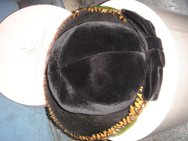 Vintage Apparel~ Ladies HAT ~ COLLECTOR Have a Look!!! GENUINE FEATHERS + Velvet Fabric.~~ In Mint Condition Ladies Custom -Made Winter Hat ORIGINALLY from EATON'S CANADA Size 10.5