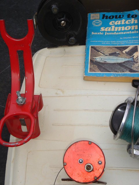 Collectible Sports FISHING Memorabilia 9 PCS Salmon Reels, Fly Fishing, DIAWA A - 400RL Cadillac 111 TWO ROD HOLDERS,~ Rare Early Copy ~ HOW TO CATCH SALMON by Charles White ~ the Whole Lot ~ LOW PRICE