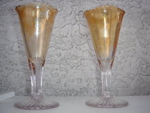 Antique Glass Goblets CIRCA 1912 SOUVENIR from WARROAD, MINN ~~ TWO~~ Each a little Different.~ 4 Point Mold Bottom of Glass. Turning Amethyst On Bottom. Flashed on Gold Main Part of Each Goblet.