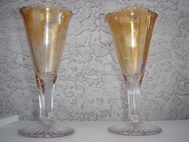 Antique Glass Goblets CIRCA 1912 SOUVENIR from WARROAD, MINN ~~ TWO~~ Each a little Different.~ 4 Point Mold Bottom of Glass. Turning Amethyst On Bottom. Flashed on Gold Main Part of Each Goblet.
