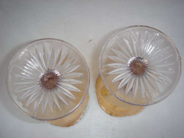 Antique Glass Goblets CIRCA 1912 SOUVENIR from WARROAD, MINN ~~ TWO~~ Each a little Different.~ 4 Point Mold Bottom of Glass. Turning Amethyst On Bottom. Flashed on Gold Main Part of Each Goblet.