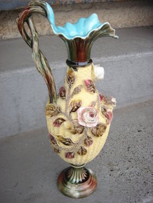 Antique MAJOLICA POTTERY Ewer / JUG on Pedestal Base. The Skill of Craftsman Just Beautiful ~ Circa 1890's