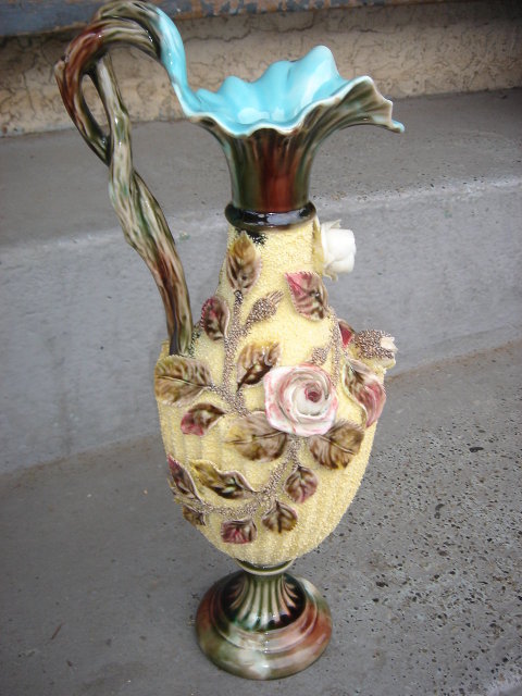 Antique MAJOLICA POTTERY Ewer / JUG on Pedestal Base. The Skill of Craftsman Just Beautiful ~ Circa 1890's