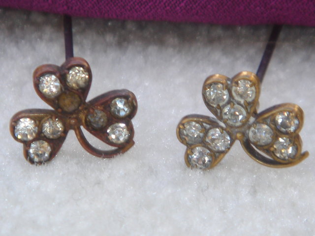 Antique~ TWO~SHAMROCK Rhinestone HAT PINS ~ Circa 1880's~ From Estate