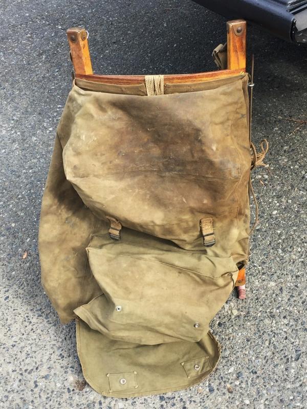Rare Find ! Beauty Large TRAPPER NELSON INDIAN PACK BOARD _Custom Made by Jones Tent & Awning Vancouver BC Canada _made for Boy Scout Leader_ 29 1/2 Inch Tall_Many custom features_