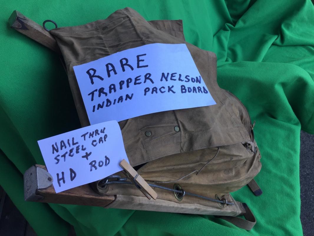 Circa 1930s TRAPPER NELSON INDIAN PACK BOARD _Estate of Boy Scout Leader: Douglas A Morgan Sr._Note Nails thru Steel Cap on each Post = Early Pack Board