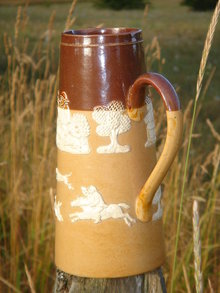 Antique DOULTON LAMBETH Pottery ~ FOX HUNTING WARE ~ 7.75 Inch JUG with Tree, Gent Smoking Pipe, Ale in Hand,Sitting Thinking, Windmill + STAG Hunt Scene. Give as Gift or Add to Collection Circa 1800's