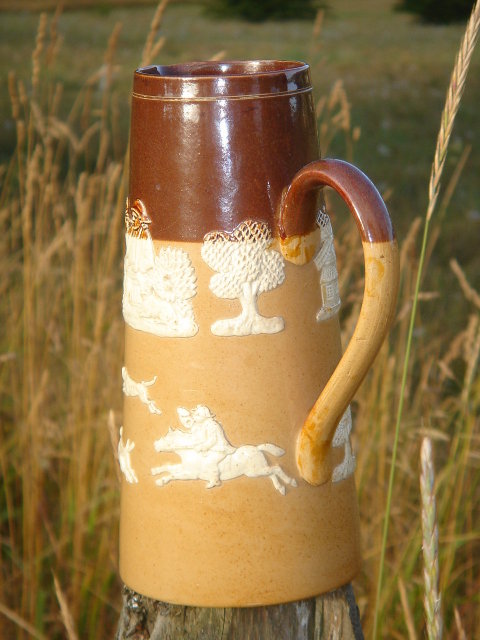 Antique DOULTON LAMBETH Pottery ~ FOX HUNTING WARE ~ 7.75 Inch JUG with Tree, Gent Smoking Pipe, Ale in Hand,Sitting Thinking, Windmill + STAG Hunt Scene. Give as Gift or Add to Collection Circa 1800's