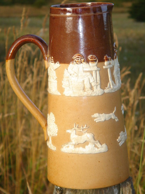 Antique DOULTON LAMBETH Pottery ~ FOX HUNTING WARE ~ 7.75 Inch JUG with Tree, Gent Smoking Pipe, Ale in Hand,Sitting Thinking, Windmill + STAG Hunt Scene. Give as Gift or Add to Collection Circa 1800's