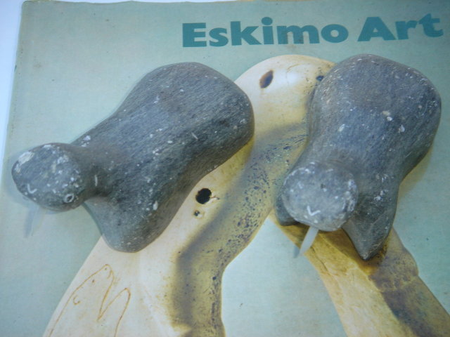 Eskimo ART ~ INUIT SCULPTURE in Stone. TWO WALRUS. Signed DIMU