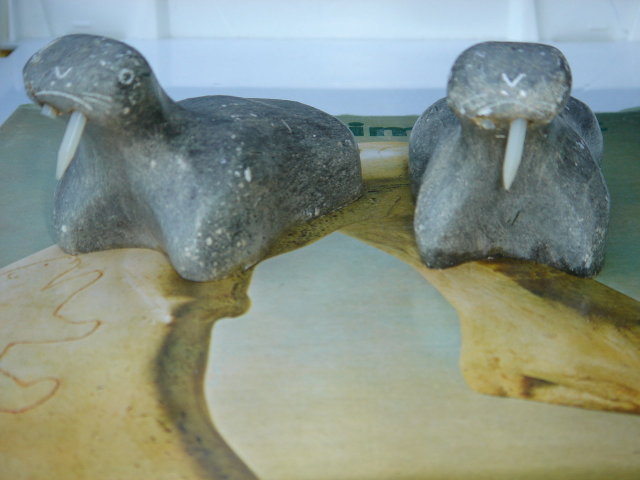 Eskimo ART ~ INUIT SCULPTURE in Stone. TWO WALRUS. Signed DIMU