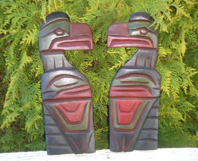 ORIGINAL Northwest Coast Native ART. Pair of RAVEN CARVINGS in Cedarwood. Hand-Carved by Skilled Genuine 1st Nations Carver Chris Cari Joseph