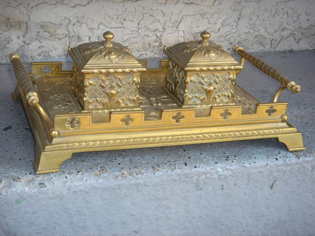 Beautiful ANTIQUE Solid Brass DOUBLE INKWELL on Ornate Handled Tray. ~ Circa 1880 ~ Germany with FRENCH Influence during era_ in EXCELLENT Condition