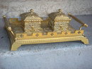 Beautiful ANTIQUE Solid Brass DOUBLE INKWELL on Ornate Handled Tray. ~ Circa 1880 ~ Germany in EXCELLENT Condition